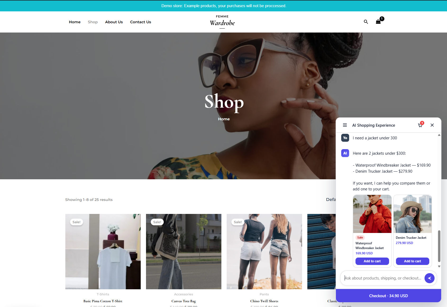 The storefront assistant helping a shopper choose a product, with add to cart and checkout inside the chat.