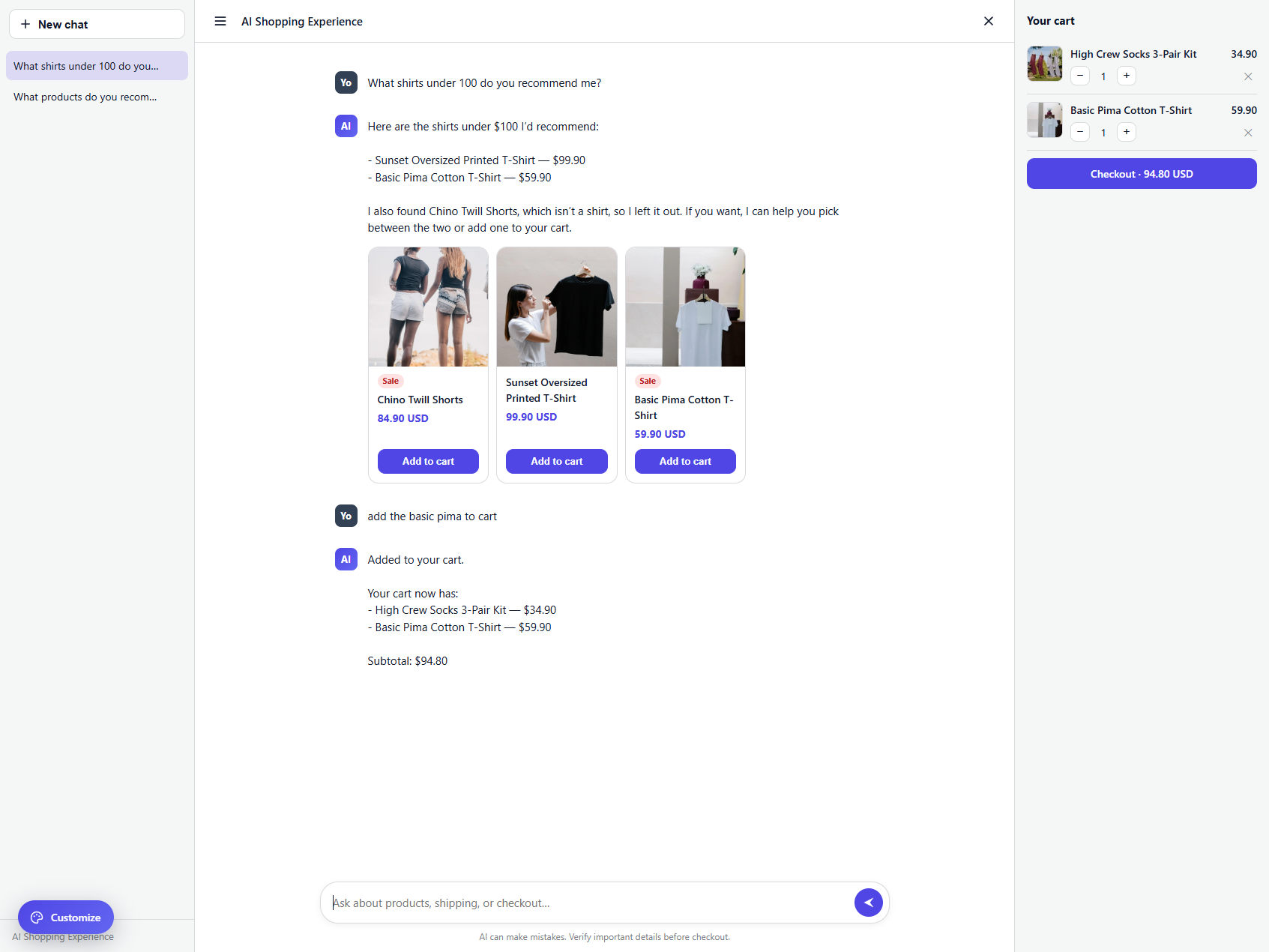 AI Shopping Assistant interface showing a conversation and shopping cart